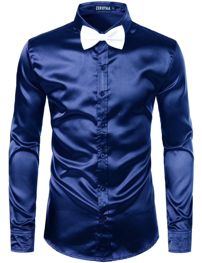 ZEROYAA Men's Luxury Shiny Silk Like Satin Button Up Dress Shirts ZLCL14-Navy Medium - Image 1